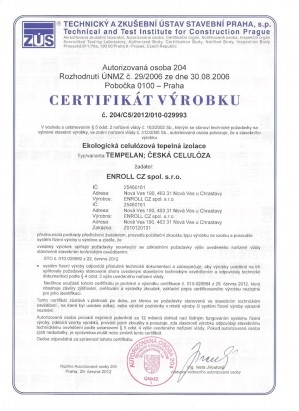 Certifikát foukané izolace TEMPELAN