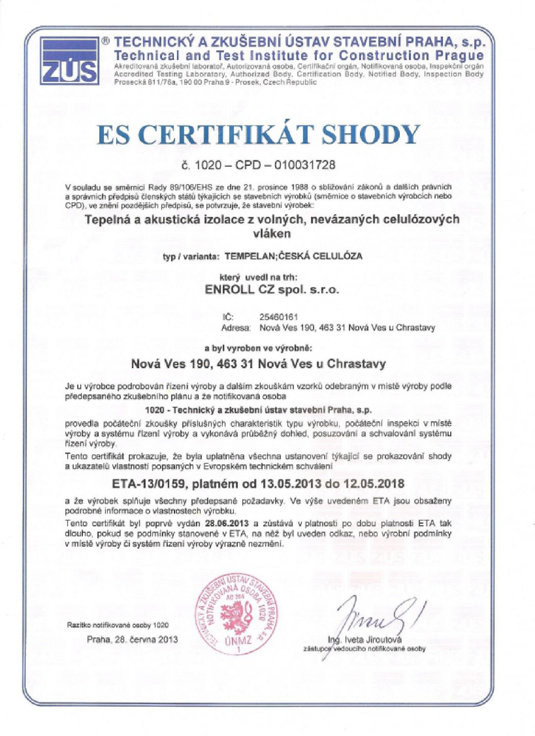 Česká celulóza ES Certifikát shody
